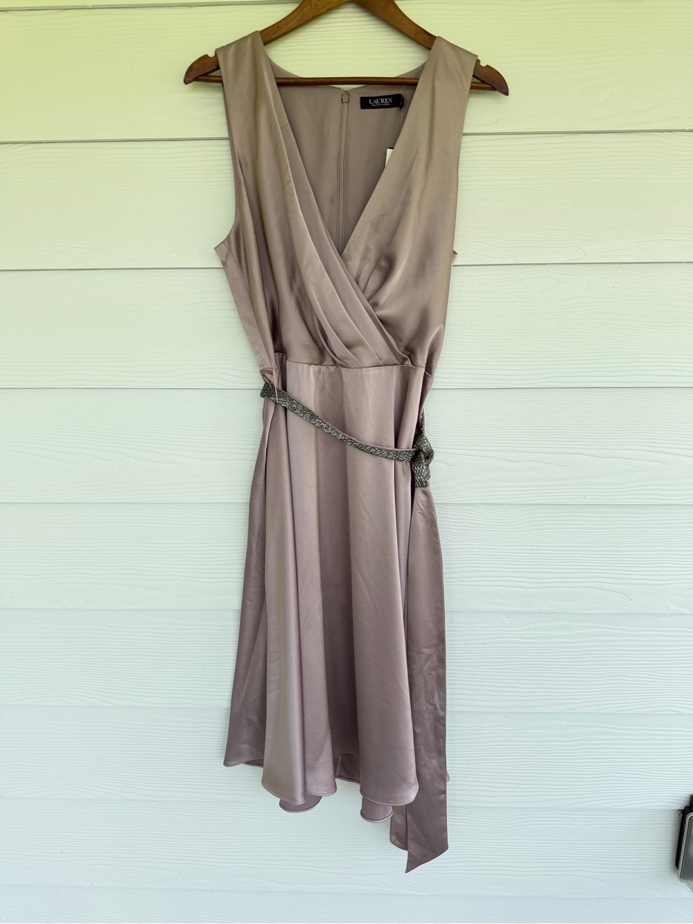 NWT Lauren Ralph Lauren Dress Size 16 Mauve Satin Faux Wrap Midi Beaded Belt - Picture 2 of 11